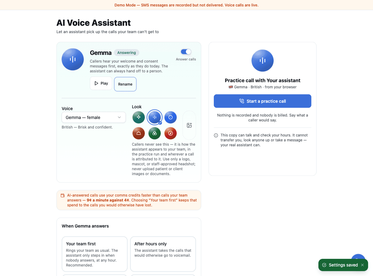 The AI Voice Assistant identity card, with a name, a chosen mark and the practice call ready to start