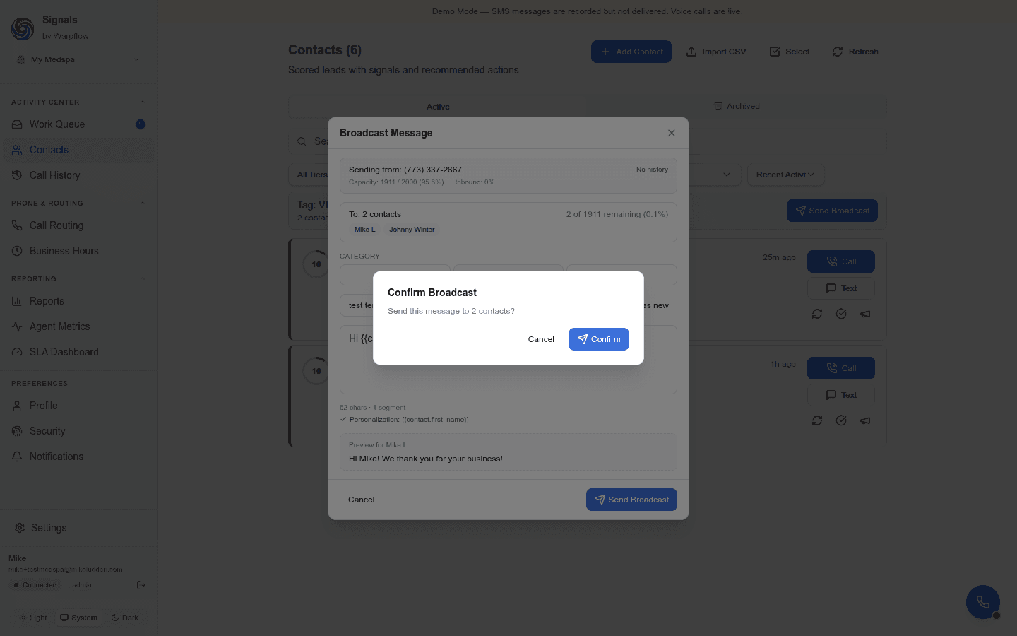 Confirmation modal showing recipient count before sending