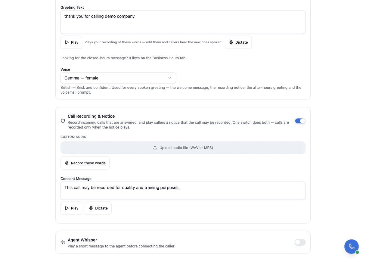 The call recording control, naming both what it records and what it announces