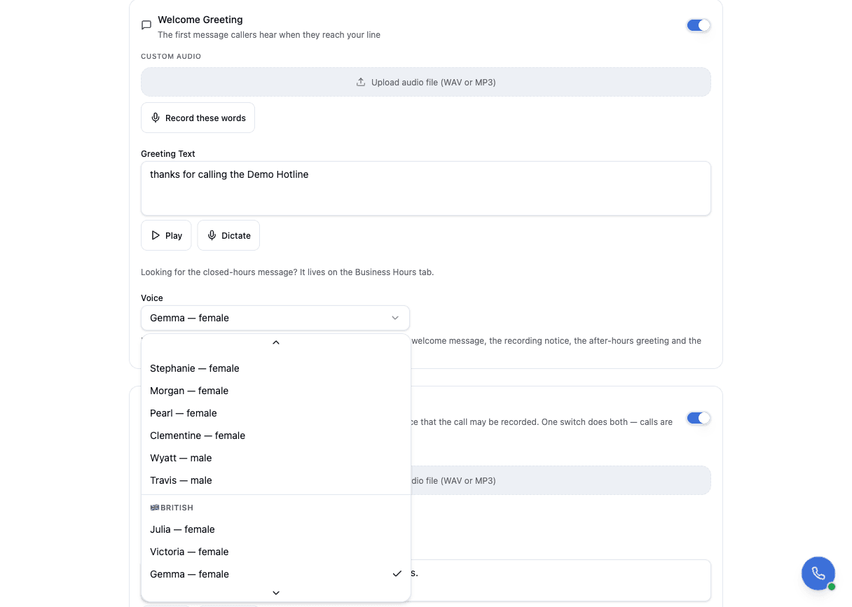 The greeting voice picker, with named voices to choose from