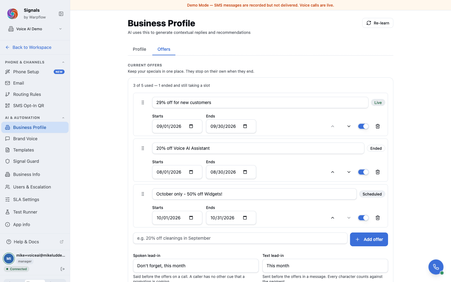 The Offers tab on Business Profile, with a live, an ended and a scheduled offer