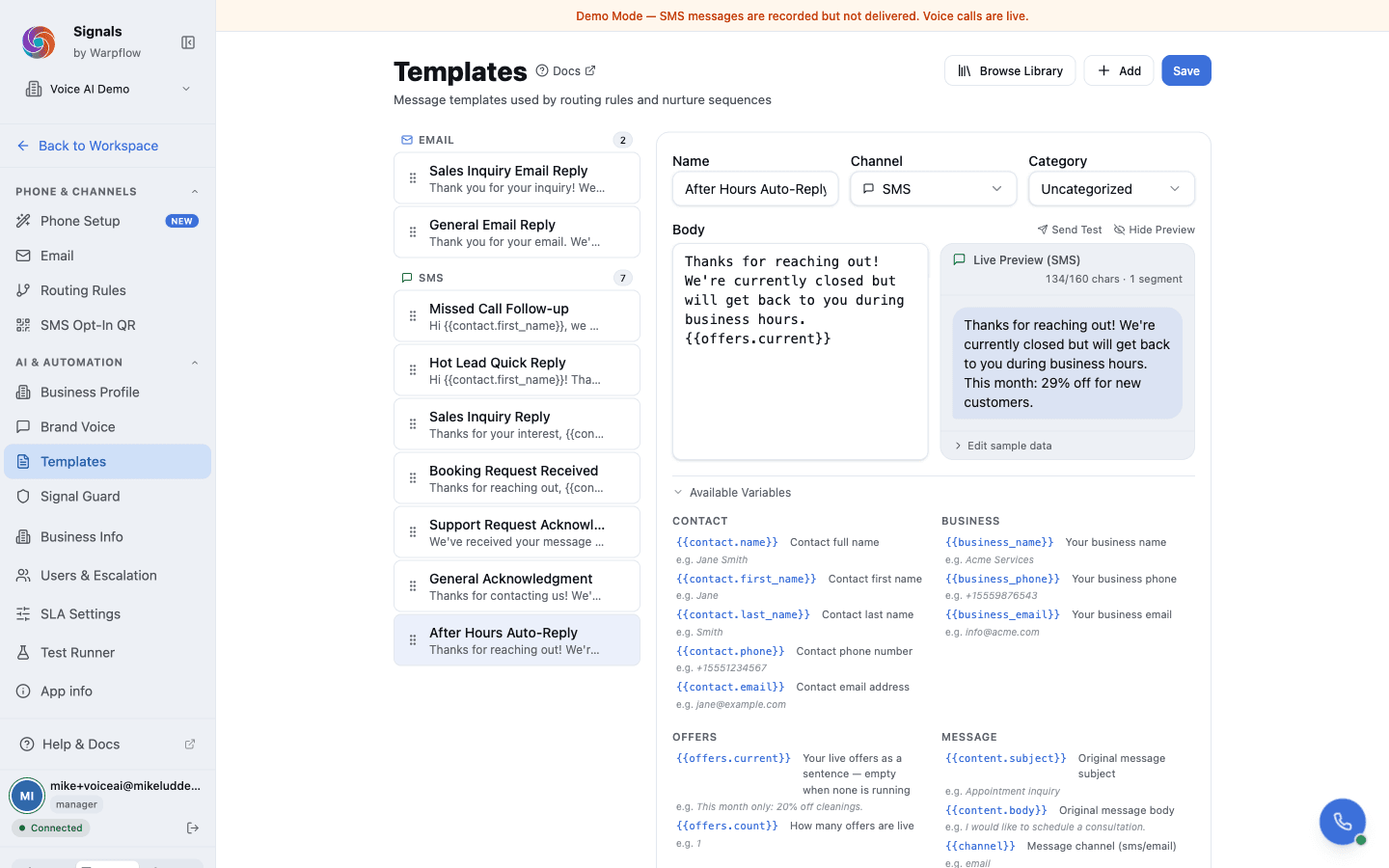 The after-hours template with the offers variable, resolved in the SMS preview