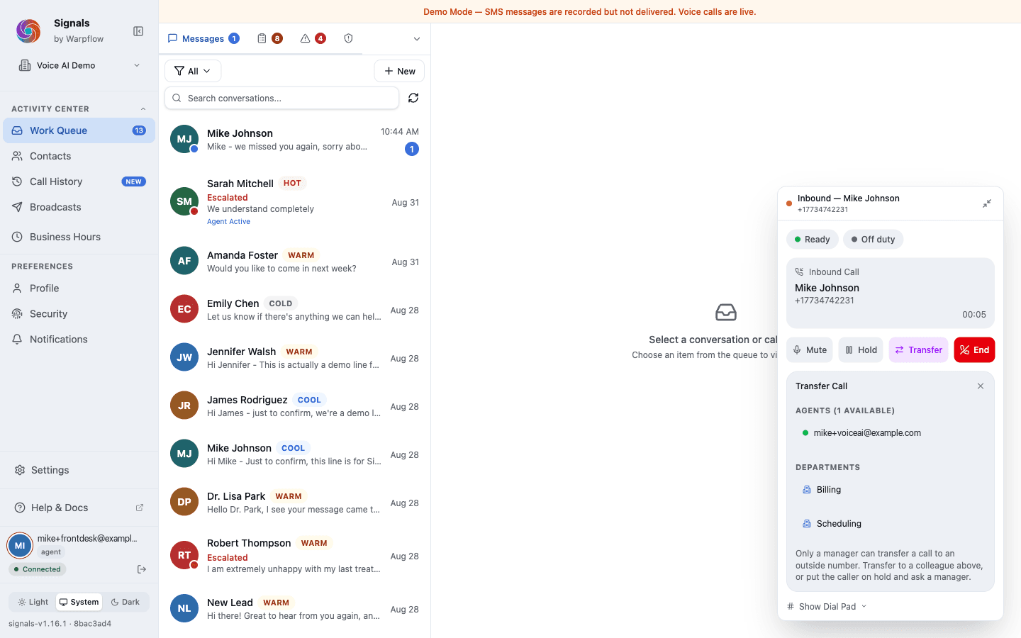 The transfer panel, listing colleagues and departments as buttons