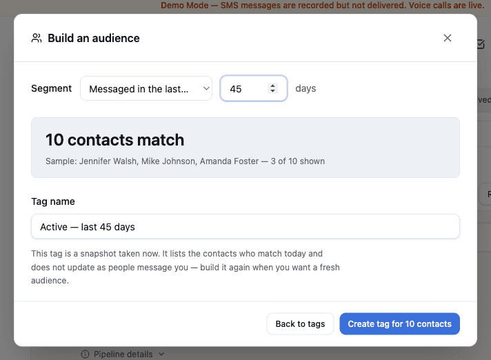 Build an audience dialog showing a segment and its matching contact count