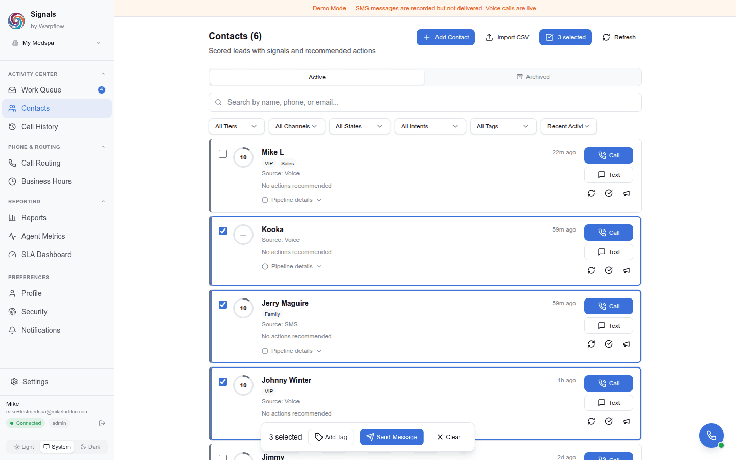Contacts page in selection mode with three rows checked and the floating action bar