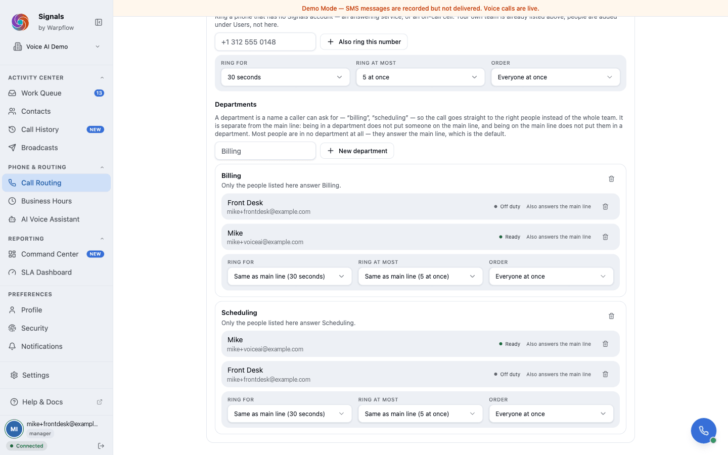 Two departments, Billing and Scheduling, each listing its own members