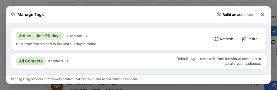 Manage Tags dialog showing tag names and usage counts