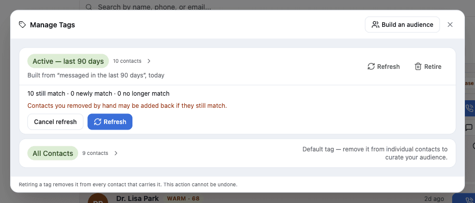 Manage Tags showing a refresh preview with still, newly, and no-longer matching counts