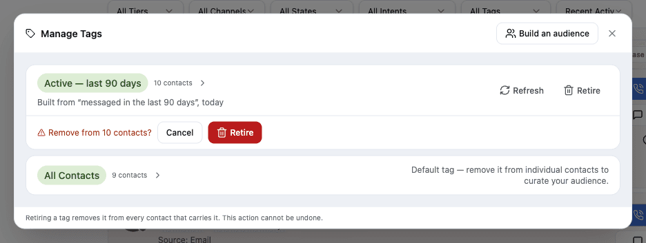 Manage Tags inline confirmation before retire