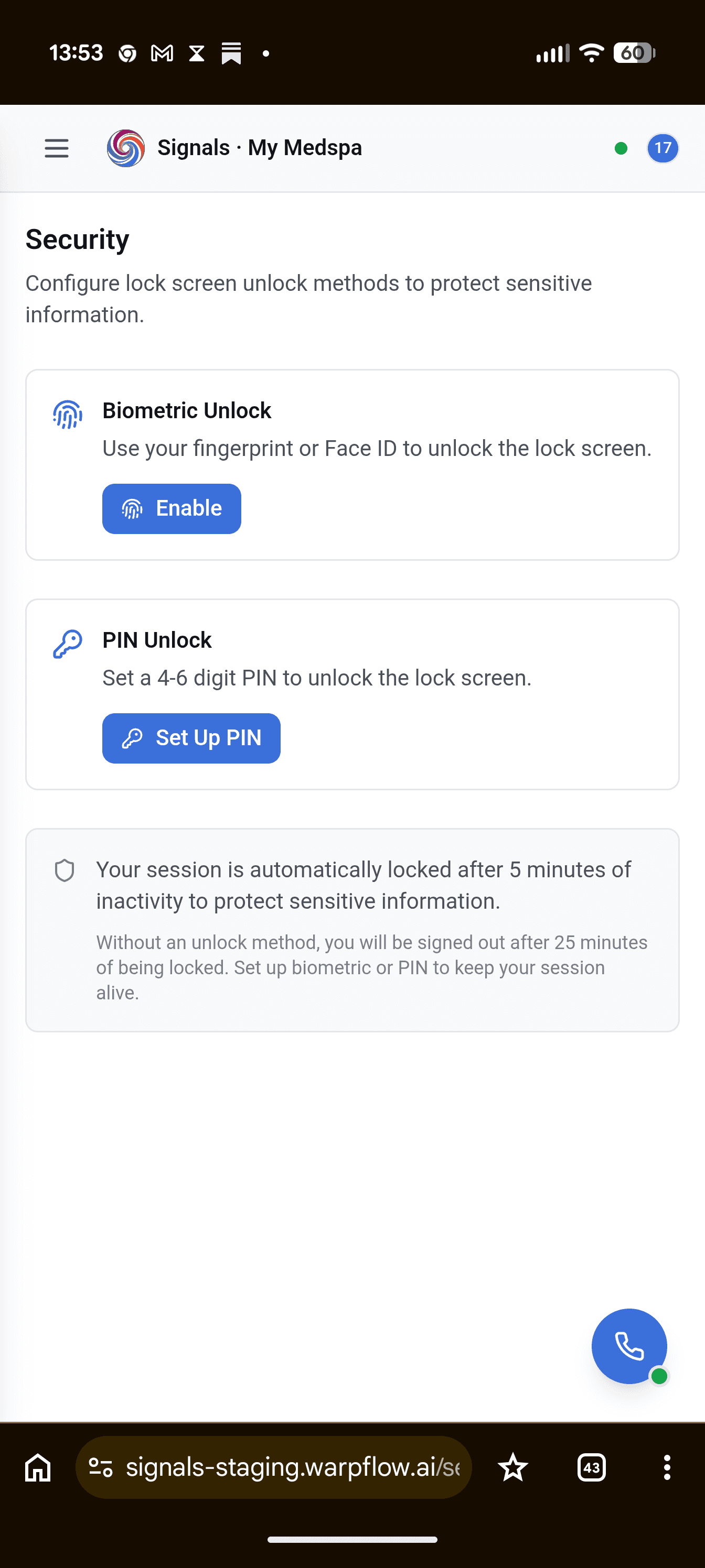 Biometric/PIN enrollment screen