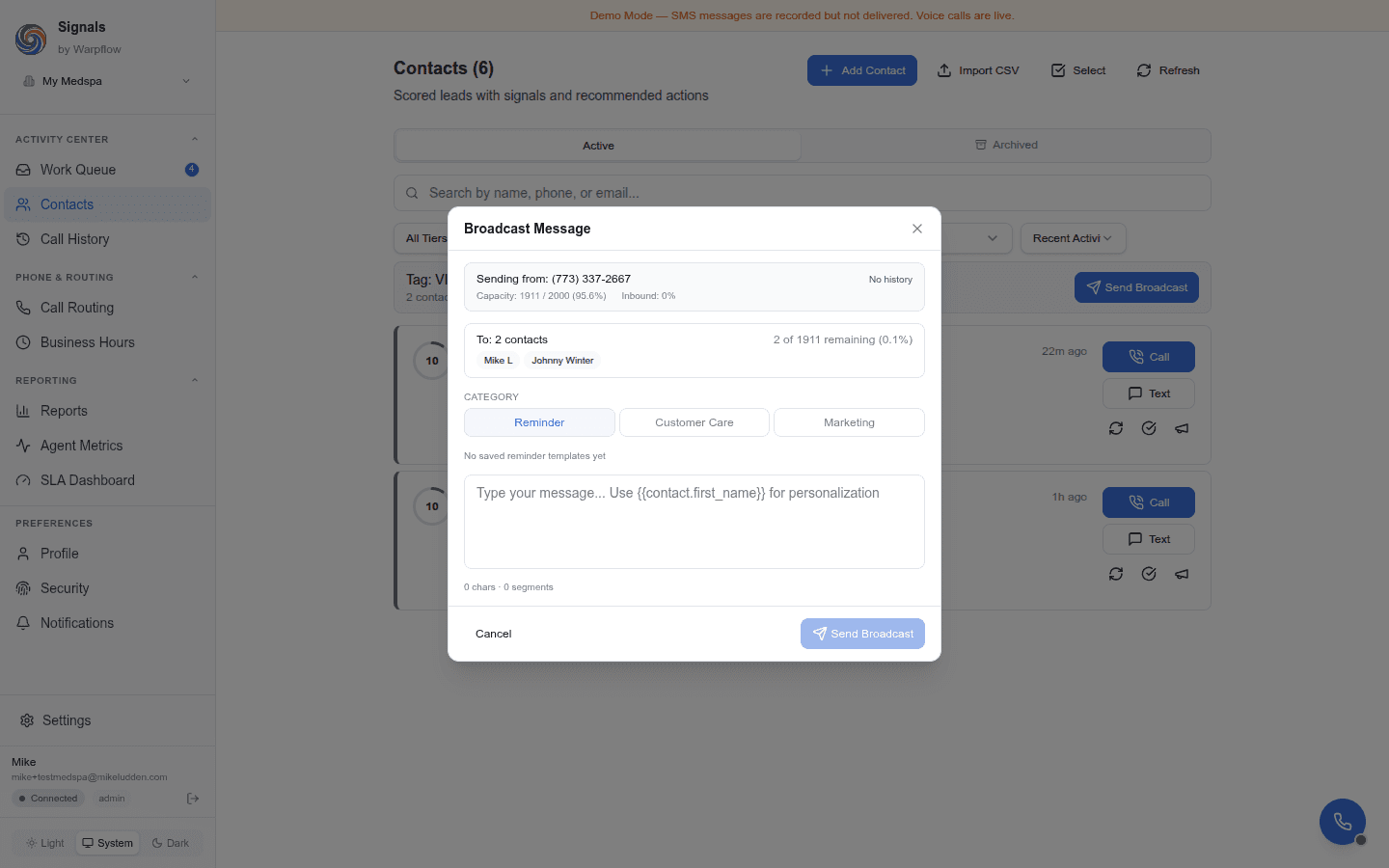 Broadcast composer with the Reminder category selected