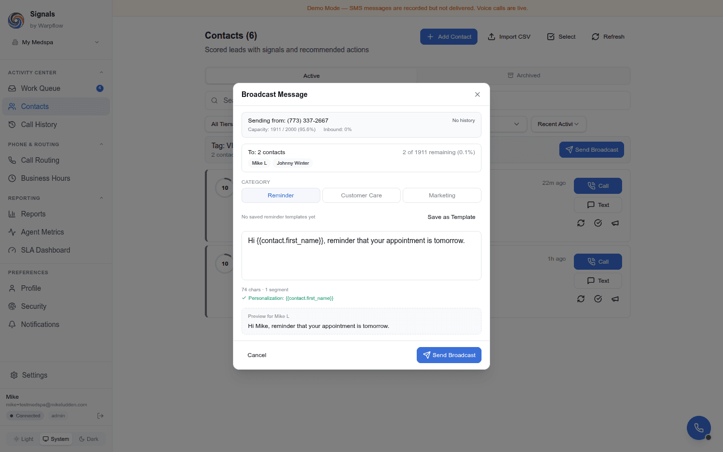 Feedback strip showing character count, segments, and personalization detection