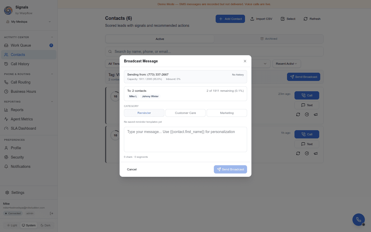 Number Health card showing daily capacity, delivery rate, and inbound ratio