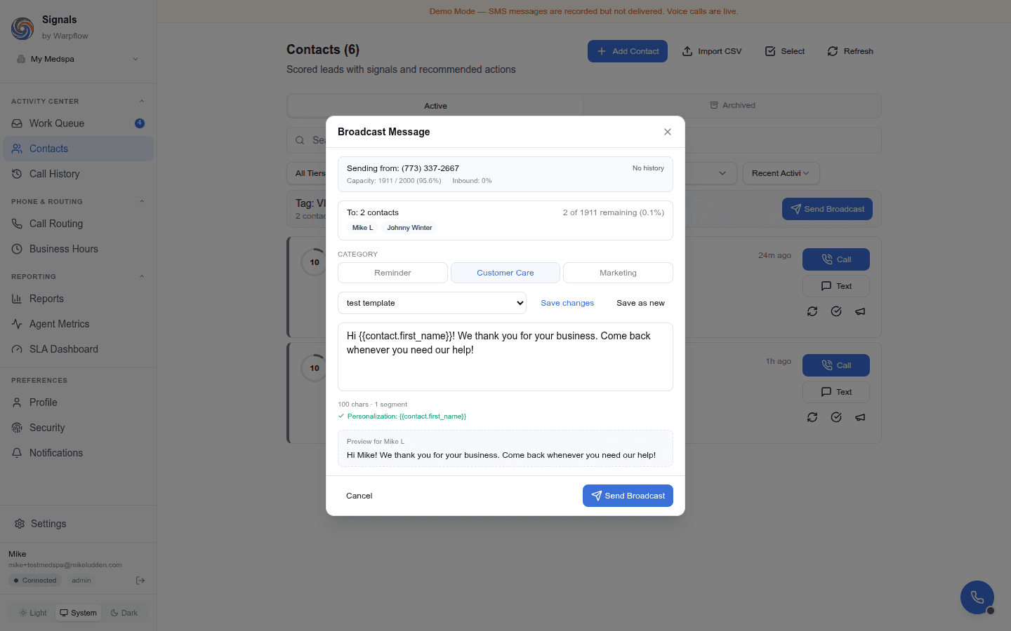 Composer with a template loaded, body edited, and Save changes + Save as new buttons visible