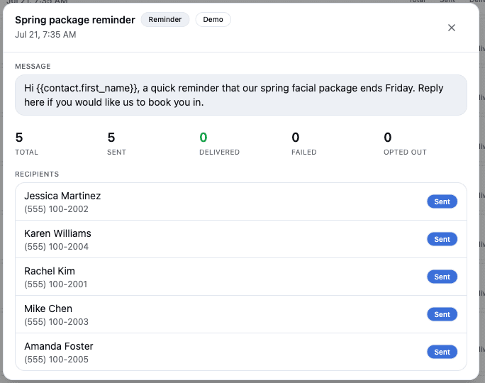 A broadcast's detail view — the message body and per-recipient delivery list