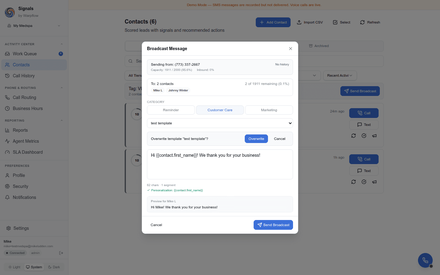 Inline confirmation to overwrite an existing template
