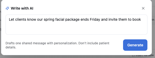 The Write with AI dialog — describe the message, then Generate