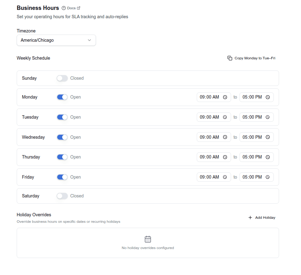 Business hours configuration
