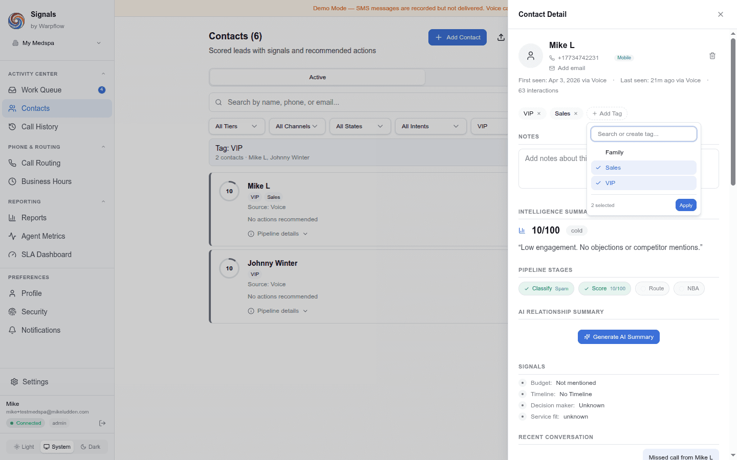 Contact detail panel with the tag picker open