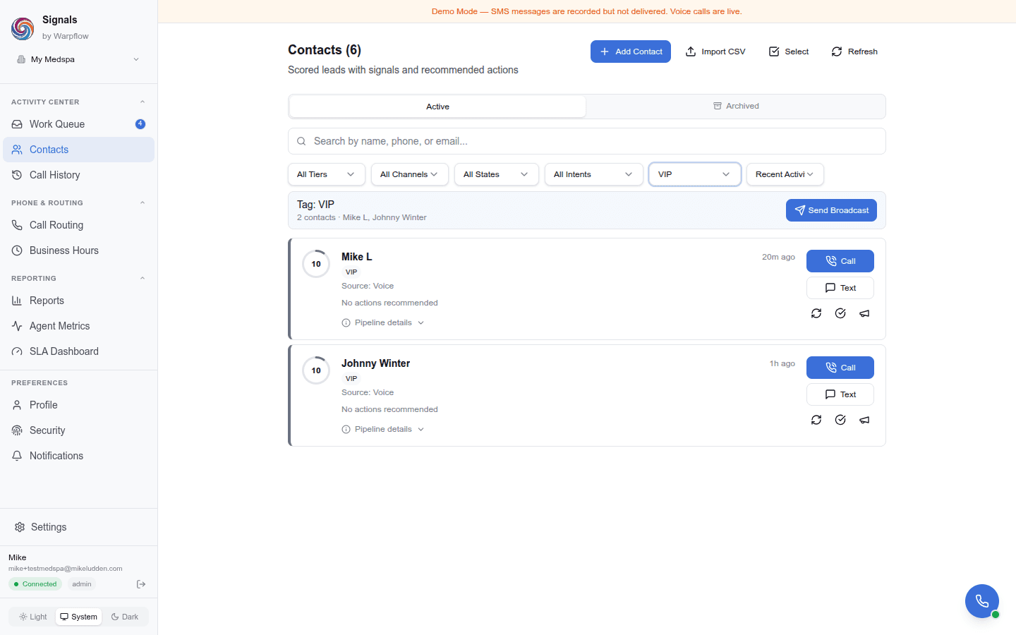 Contacts list filtered by tag showing the Send Broadcast banner