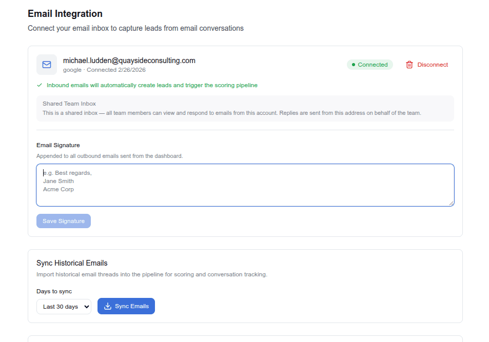 Email settings, connected