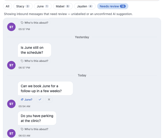 The thread narrowed to the Needs review filter, showing only unlabelled messages and an unconfirmed "June?" suggestion