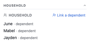 The Household section listing three linked dependents—June, Mabel, and Jayden—each marked "· dependent"