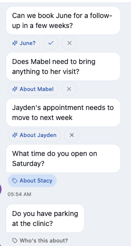 A household thread: "Can we book June for a follow-up?" with a dashed "June?" suggestion chip and confirm and reject buttons; "Does Mabel need to bring anything?" with a solid-outline "About Mabel" chip; "Jayden's appointment needs to move" with "About Jayden"; and "Do you have parking?" with an unanswered "Who's this about?" chip