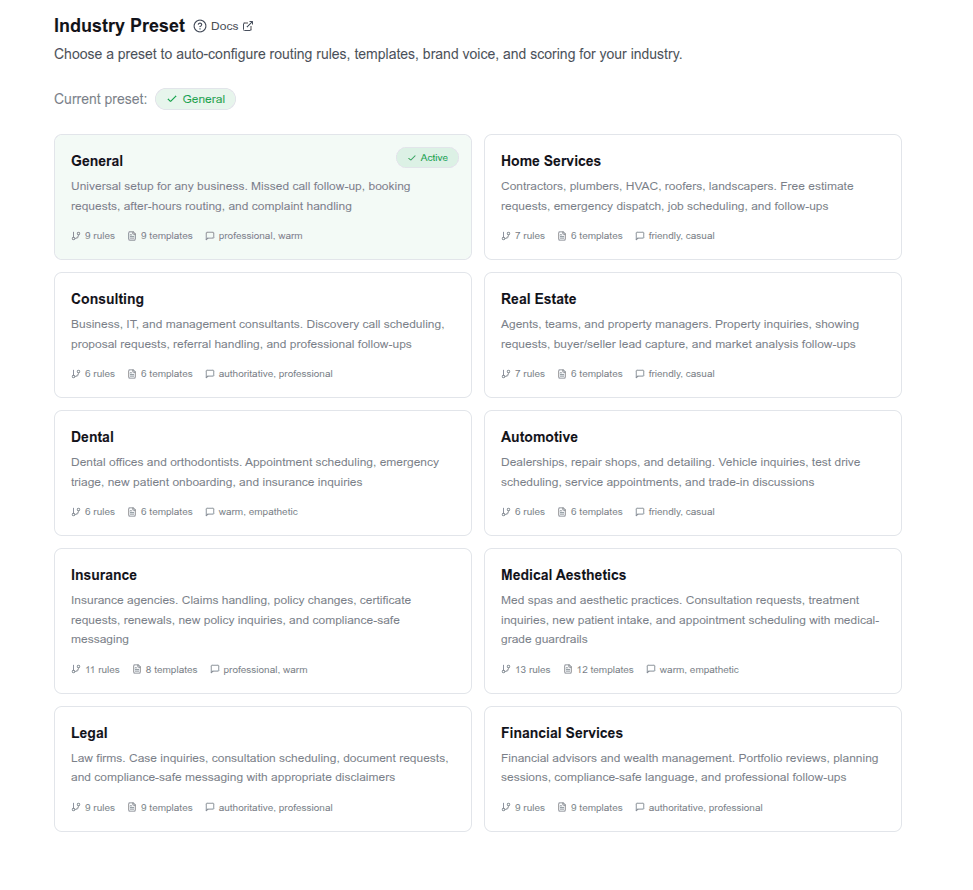 Industry preset selection