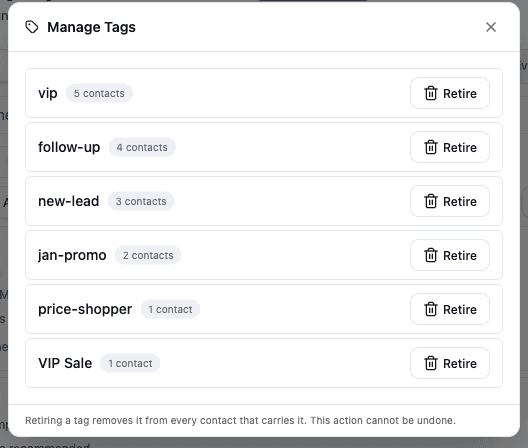 Manage Tags dialog showing tag names and usage counts