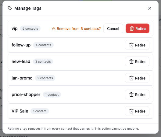 Manage Tags inline confirmation before retire